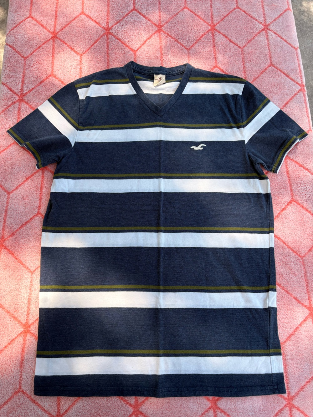 Hollister Navy Blue Striped V-Neck Tee with White and Olive Stripes